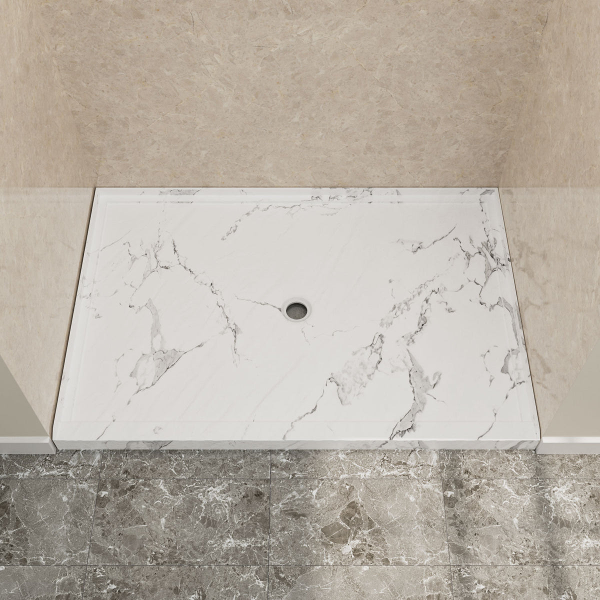 48" x 32" in Shower Base,resin and fiberglass,Center Drain Single-Threshold Shower Pan,Jazz White Vein White+ Charcoal SKU T6587P581121 product image 1