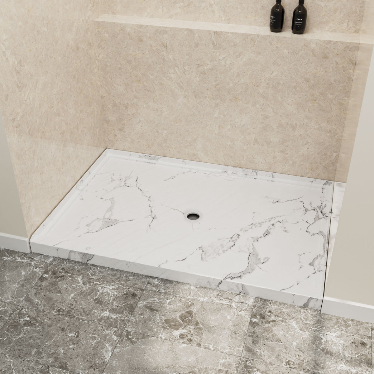 48" x 32" in Shower Base,resin and fiberglass,Center Drain Single-Threshold Shower Pan,Jazz White Vein White+ Charcoal SKU T6587P581121 product image 2
