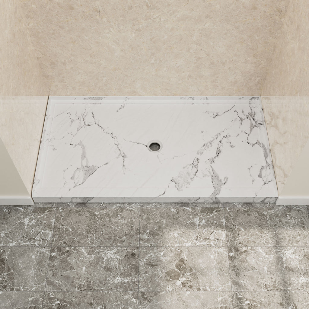 60" x 36" in Shower Base,resin and fiberglass,Center Drain Single-Threshold Shower Pan,Jazz White Vein White+ Charcoal SKU T6587P580932 product image 1