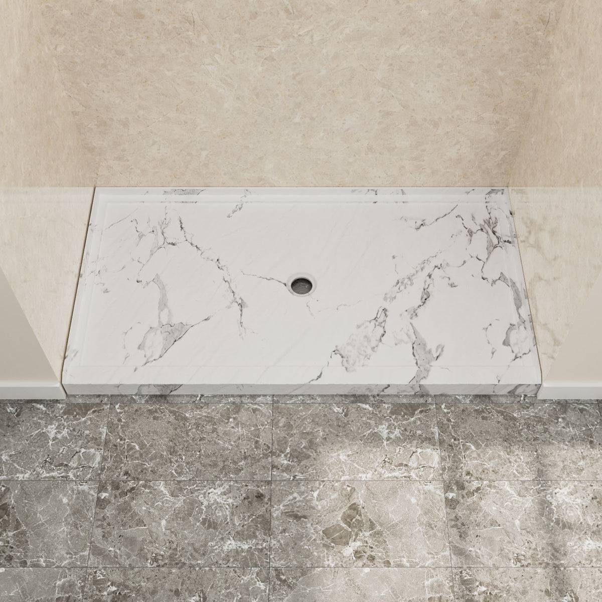 60" x 36" in Shower Base,resin and fiberglass,Center Drain Single-Threshold Shower Pan,Jazz White Vein White+ Charcoal SKU T6587P580932 product image 1