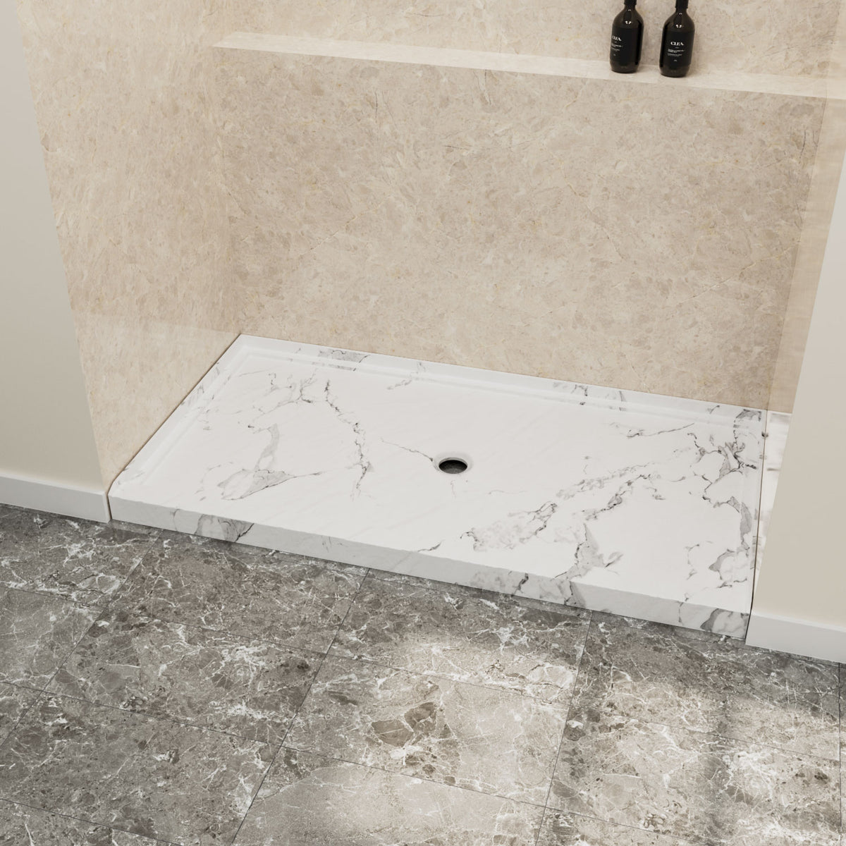60" x 36" in Shower Base,resin and fiberglass,Center Drain Single-Threshold Shower Pan,Jazz White Vein White+ Charcoal SKU T6587P580932 product image 2