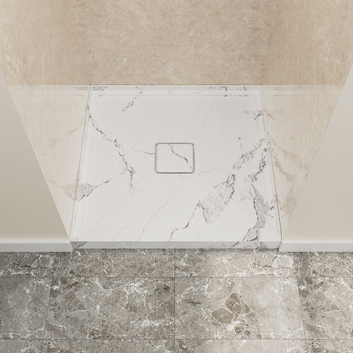 36" x 36" in Shower Base,resin and fiberglass,Center Drain Single-Threshold Shower Pan,Jazz White Vein White+ Charcoal SKU T6587P581366 product image 1