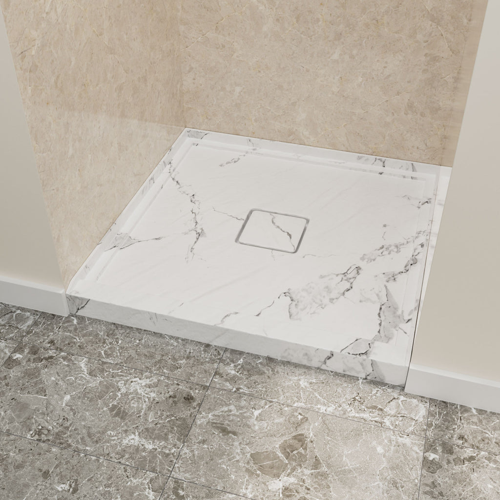 36" x 36" in Shower Base,resin and fiberglass,Center Drain Single-Threshold Shower Pan,Jazz White Vein White+ Charcoal SKU T6587P581366 product image 2