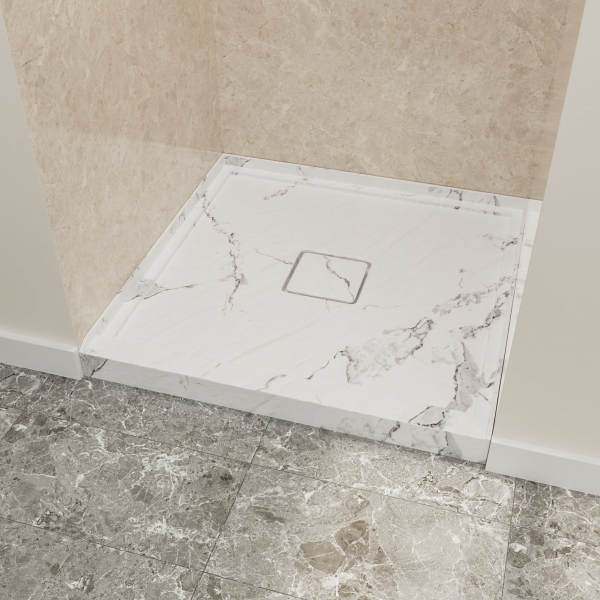 36" x 36" in Shower Base,resin and fiberglass,Center Drain Single-Threshold Shower Pan,Jazz White Vein White+ Charcoal SKU T6587P581366 product image 2