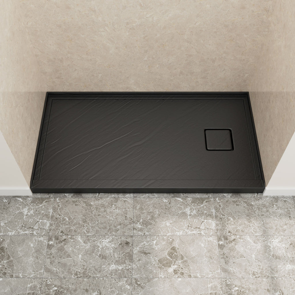 60" x 32" in Shower Base,resin and fiberglass,Left Drain Single-Threshold Shower Pan, Black Marble Black Marble-Look Sintered Stone SKU T6587P578428 product image 1