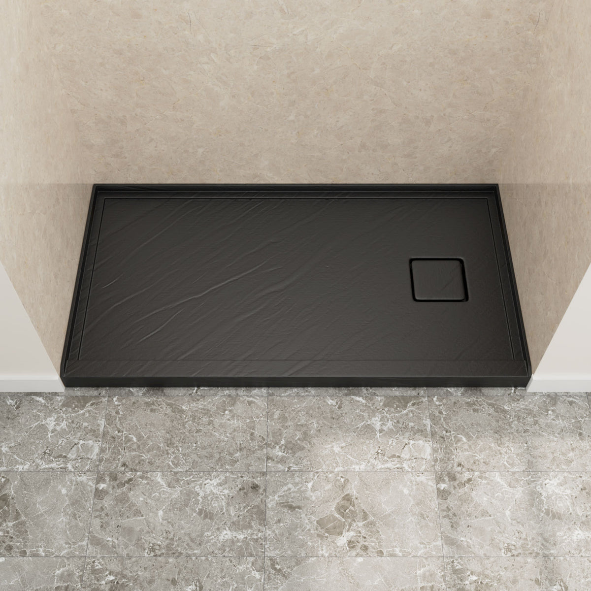 60" x 32" in Shower Base,resin and fiberglass,Left Drain Single-Threshold Shower Pan, Black Marble Black Marble-Look Sintered Stone SKU T6587P578428 product image 1