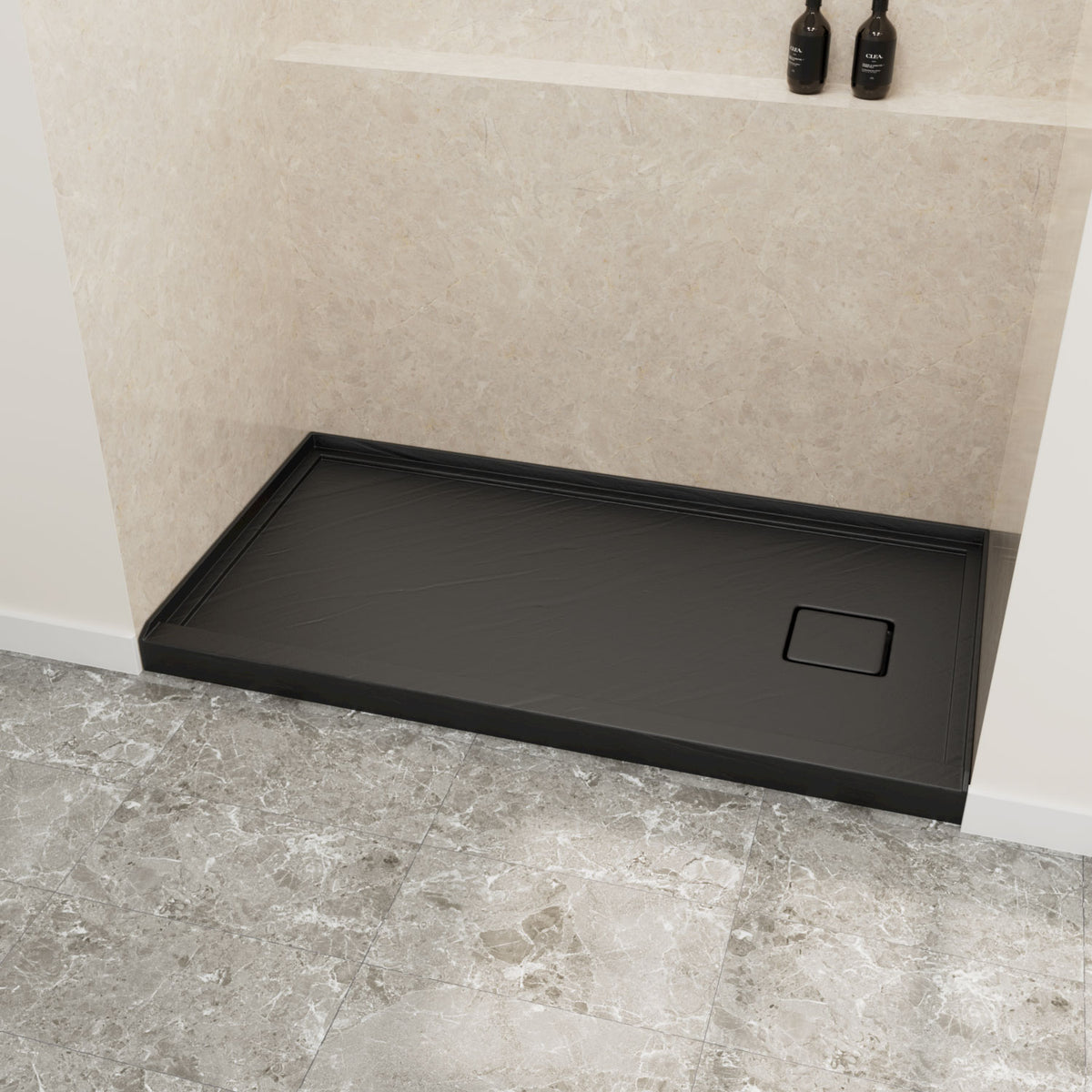 60" x 32" in Shower Base,resin and fiberglass,Left Drain Single-Threshold Shower Pan, Black Marble Black Marble-Look Sintered Stone SKU T6587P578428 product image 2