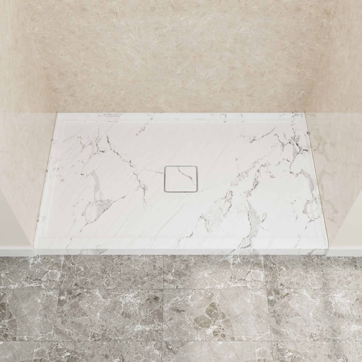 60" x 36" in Shower Base,resin and fiberglass,Center Drain Single-Threshold Shower Pan,JazzWhite Vein White+ Charcoal SKU T6587P581326 product image 1