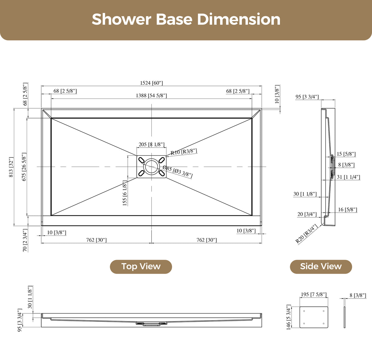 60x32 Inch White Acrylic Shower Base, Center Drain, Non-Slip Surface White SKU T5595P487481 product image 2