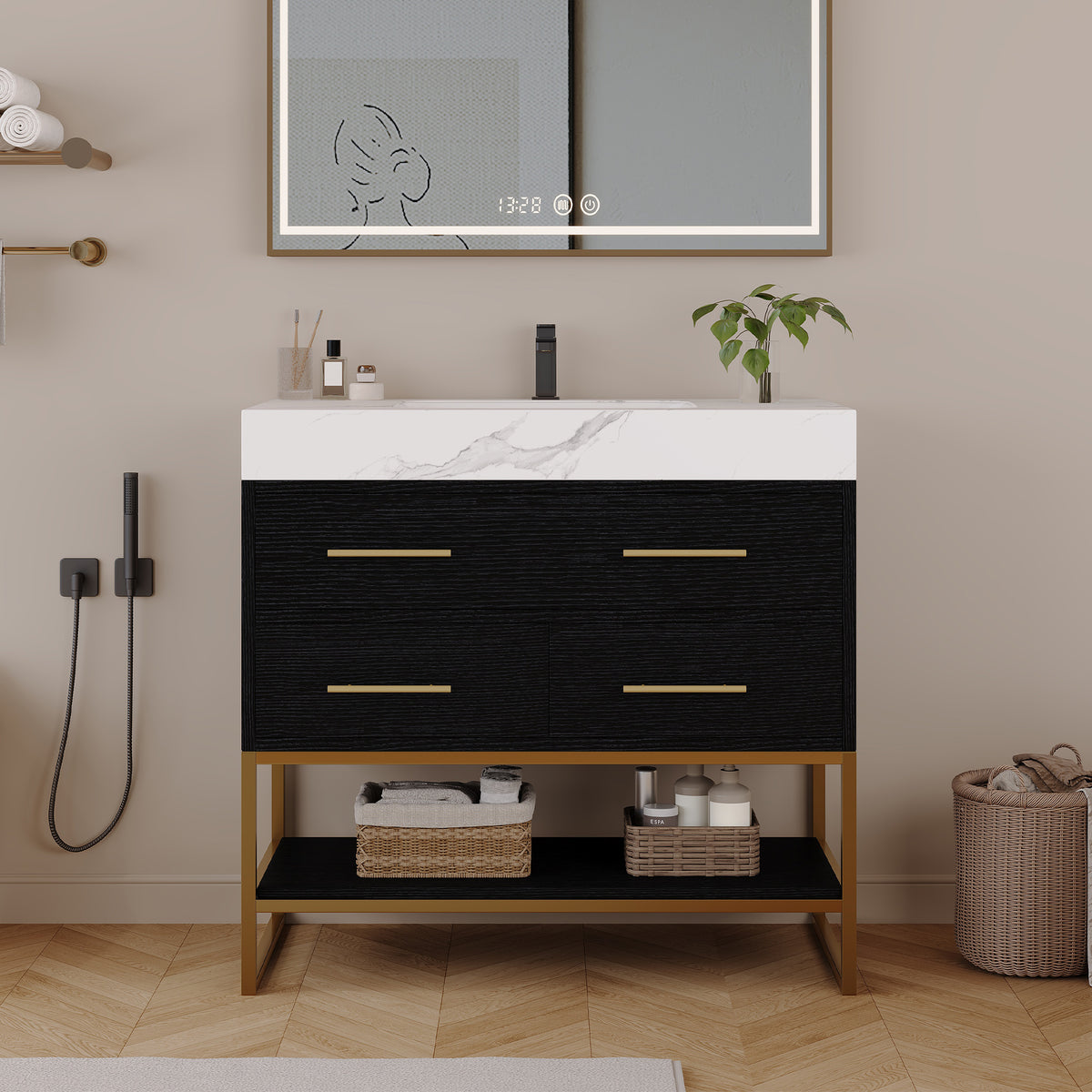 36" Artificial Stone Bathroom Vanity with Ceramic Sink, Modern Bathroom Sink Cabinet with Drawers and Open Shelf