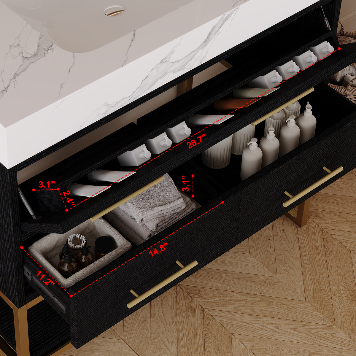 36" Artificial Stone Bathroom Vanity with Ceramic Sink, Modern Bathroom Sink Cabinet with Drawers and Open Shelf