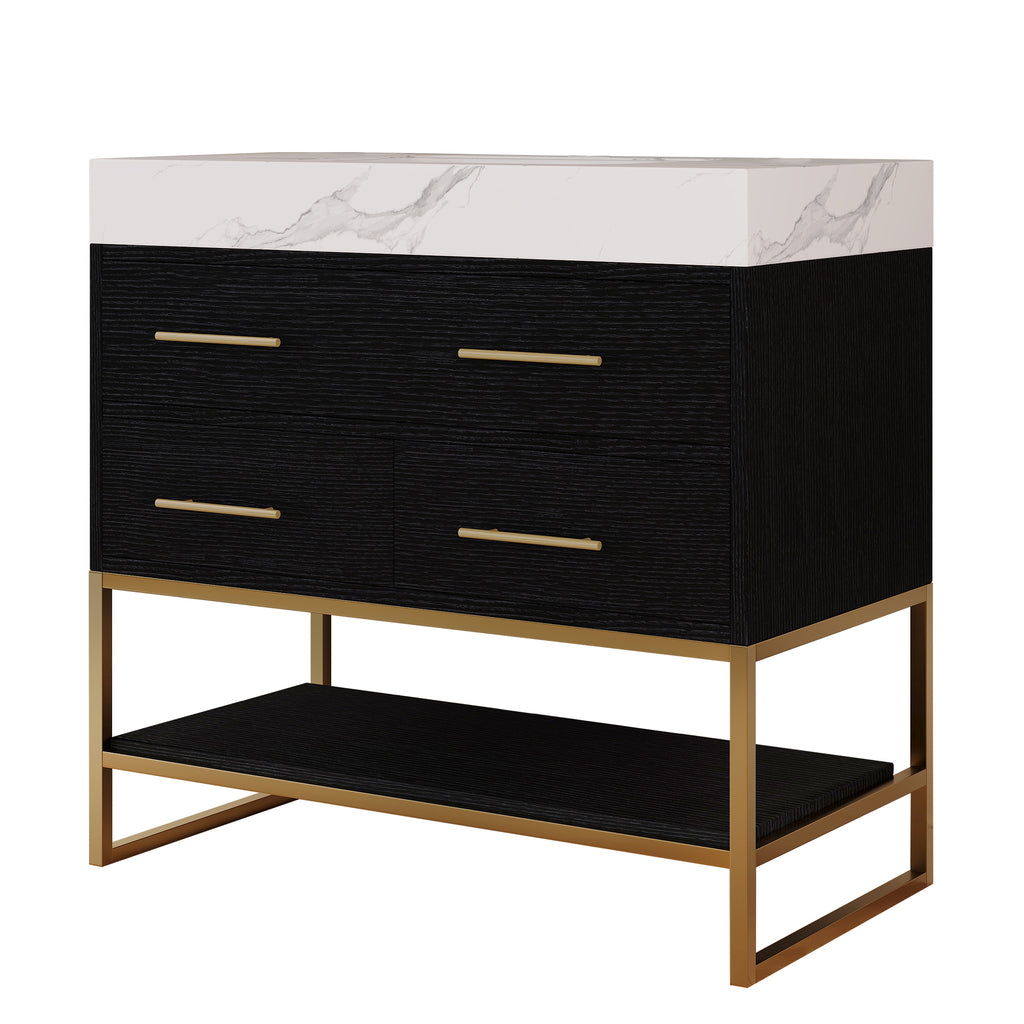 36" Artificial Stone Bathroom Vanity with Ceramic Sink, Modern Bathroom Sink Cabinet with Drawers and Open Shelf