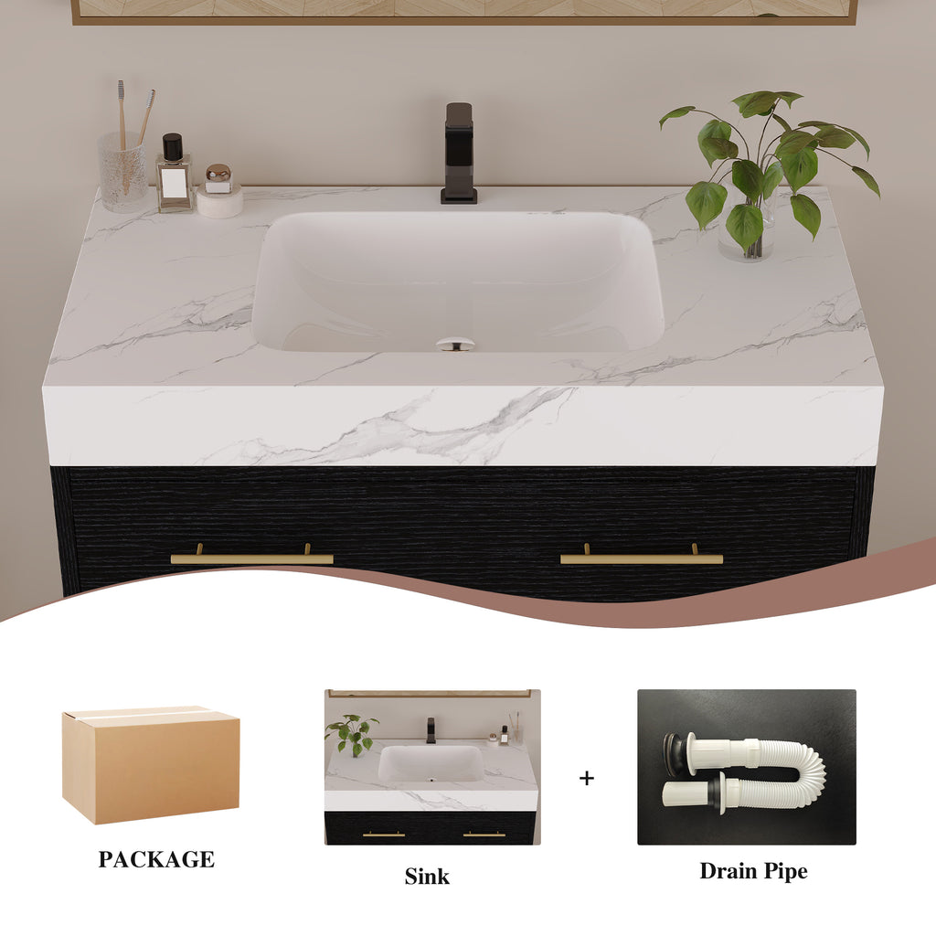 36" Artificial Stone Bathroom Vanity with Ceramic Sink, Modern Bathroom Sink Cabinet with Drawers and Open Shelf