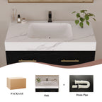 36" Artificial Stone Bathroom Vanity with Ceramic Sink, Modern Bathroom Sink Cabinet with Drawers and Open Shelf