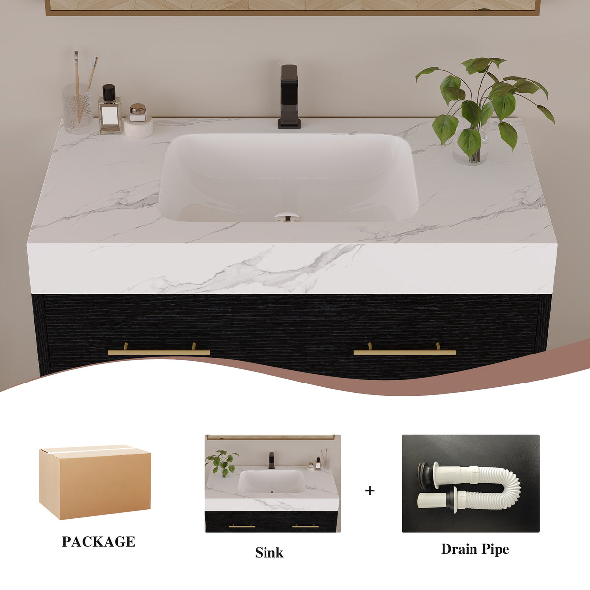 36" Artificial Stone Bathroom Vanity with Ceramic Sink, Modern Bathroom Sink Cabinet with Drawers and Open Shelf