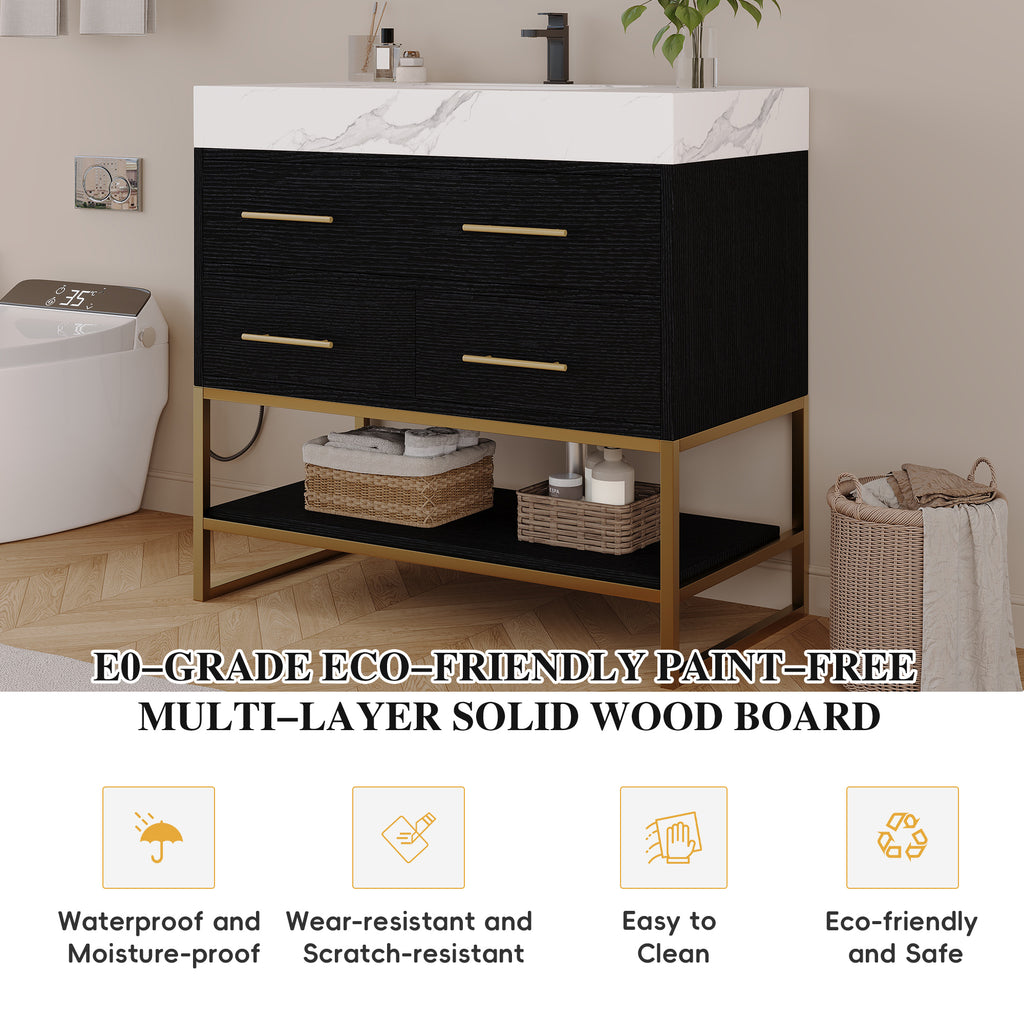 36" Artificial Stone Bathroom Vanity with Ceramic Sink, Modern Bathroom Sink Cabinet with Drawers and Open Shelf