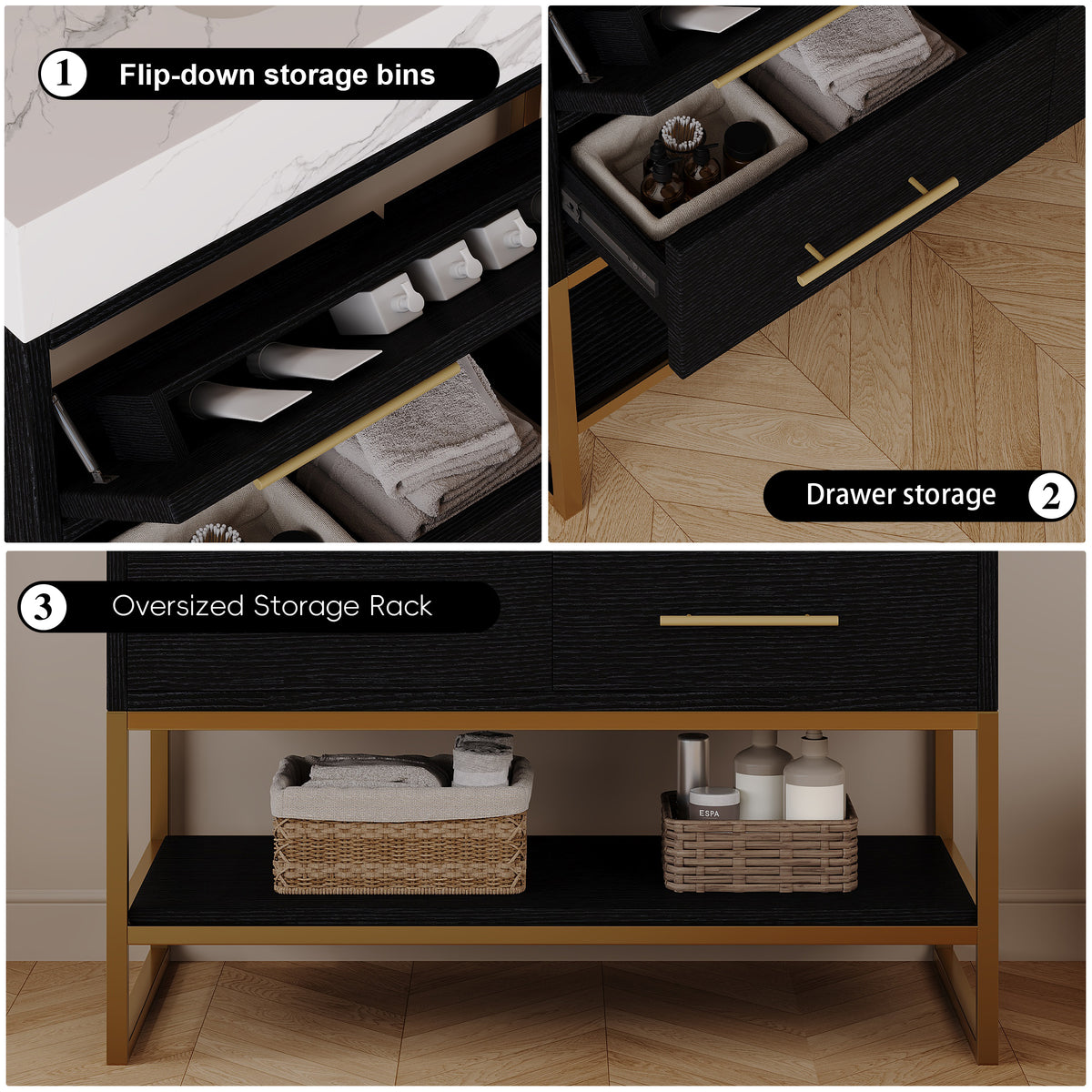 36" Artificial Stone Bathroom Vanity with Ceramic Sink, Modern Bathroom Sink Cabinet with Drawers and Open Shelf