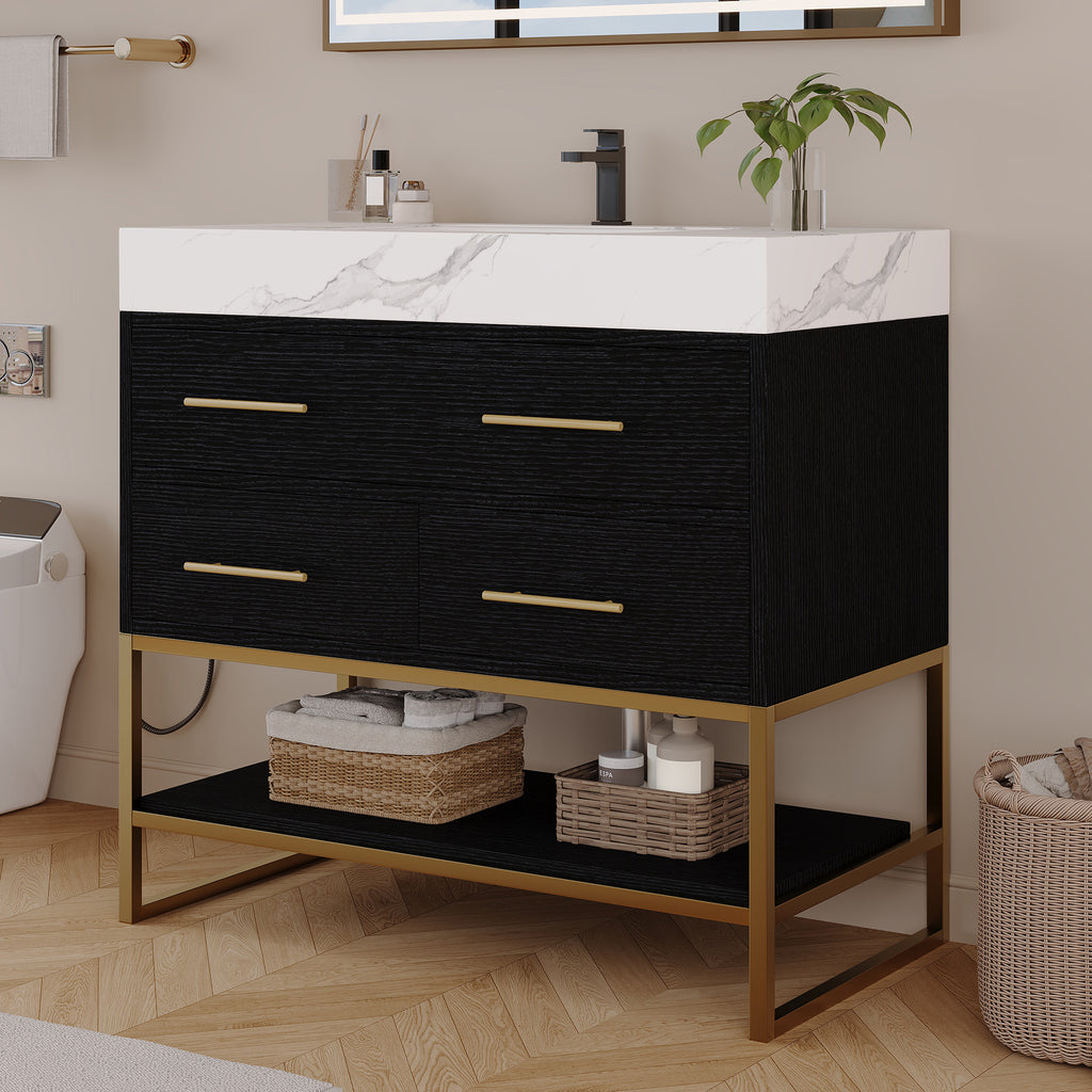 36" Artificial Stone Bathroom Vanity with Ceramic Sink, Modern Bathroom Sink Cabinet with Drawers and Open Shelf