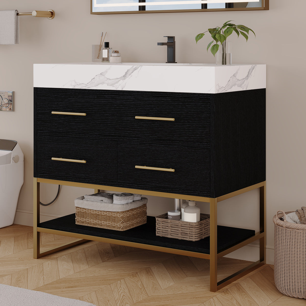 36" Artificial Stone Bathroom Vanity with Ceramic Sink, Modern Bathroom Sink Cabinet with Drawers and Open Shelf