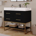 36" Artificial Stone Bathroom Vanity with Ceramic Sink, Modern Bathroom Sink Cabinet with Drawers and Open Shelf