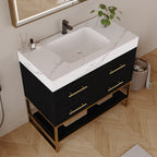 36" Artificial Stone Bathroom Vanity with Ceramic Sink, Modern Bathroom Sink Cabinet with Drawers and Open Shelf
