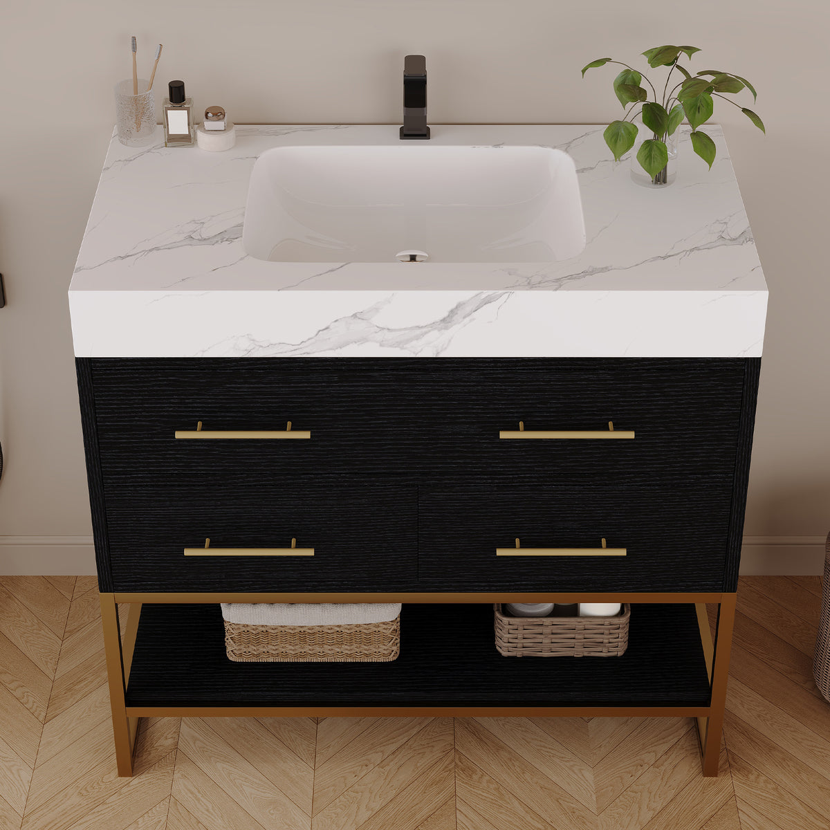 36" Artificial Stone Bathroom Vanity with Ceramic Sink, Modern Bathroom Sink Cabinet with Drawers and Open Shelf