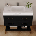 36" Artificial Stone Bathroom Vanity with Ceramic Sink, Modern Bathroom Sink Cabinet with Drawers and Open Shelf