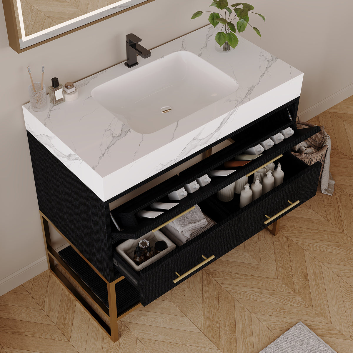 36" Artificial Stone Bathroom Vanity with Ceramic Sink, Modern Bathroom Sink Cabinet with Drawers and Open Shelf