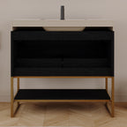 36" Artificial Stone Bathroom Vanity with Ceramic Sink, Modern Bathroom Sink Cabinet with Drawers and Open Shelf