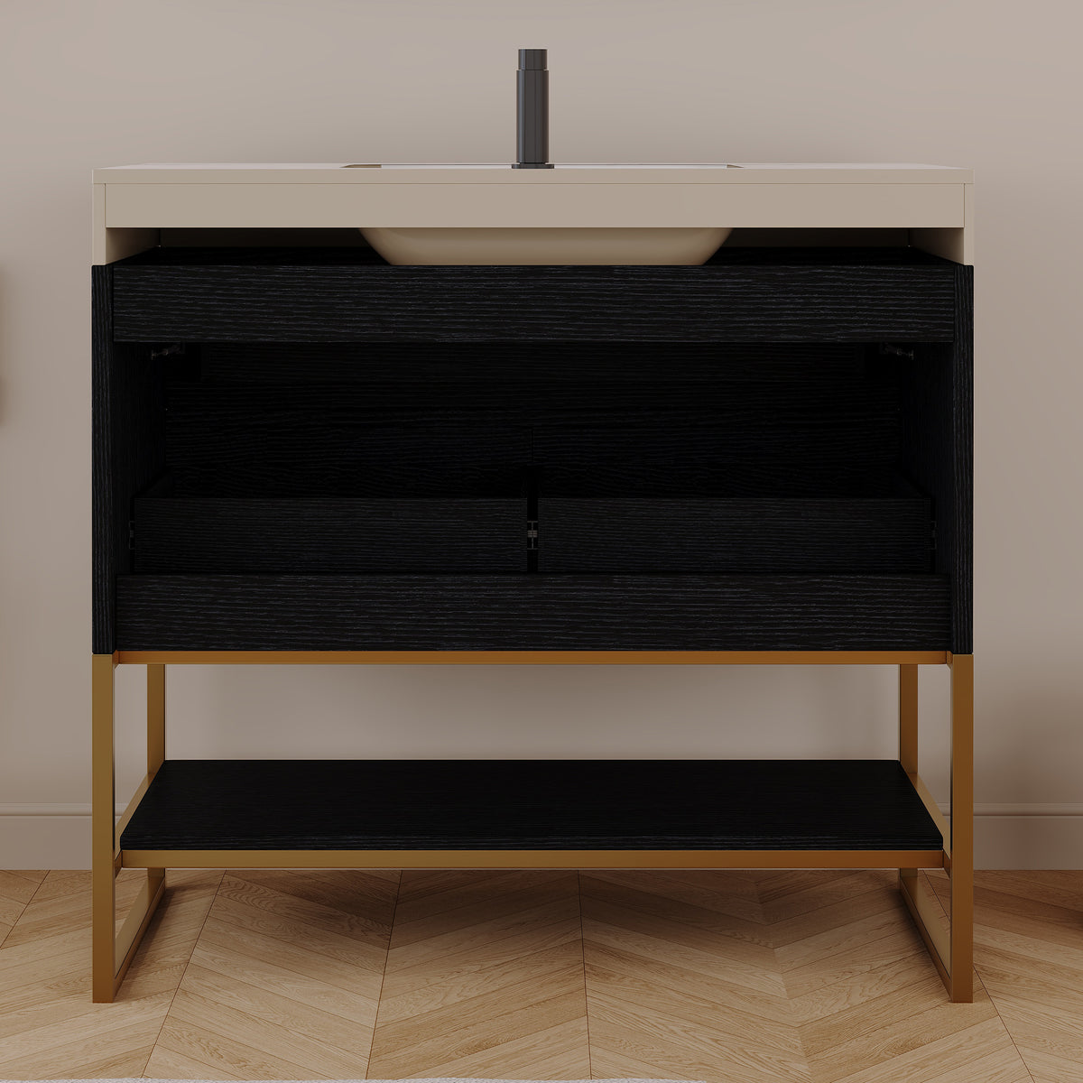 36" Artificial Stone Bathroom Vanity with Ceramic Sink, Modern Bathroom Sink Cabinet with Drawers and Open Shelf