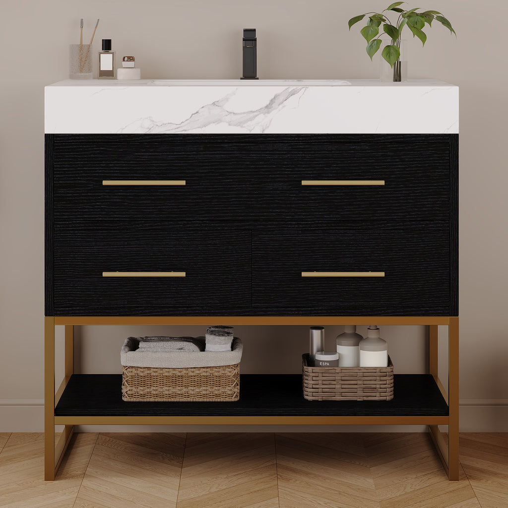36" Artificial Stone Bathroom Vanity with Ceramic Sink, Modern Bathroom Sink Cabinet with Drawers and Open Shelf