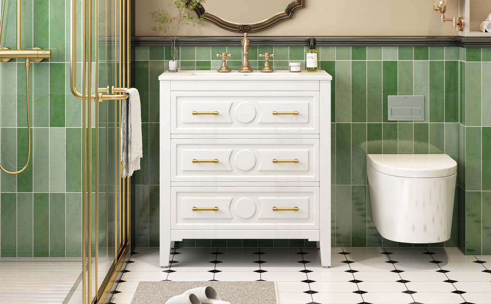 30" Bathroom Vanity with Ceramic Sink Combo, Free Standing Single Vanity Set with 3 Drawers, Solid Wood Frame Storage Cabinet, White