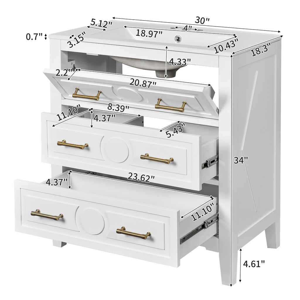 30" Bathroom Vanity with Ceramic Sink Combo, Free Standing Single Vanity Set with 3 Drawers, Solid Wood Frame Storage Cabinet, White