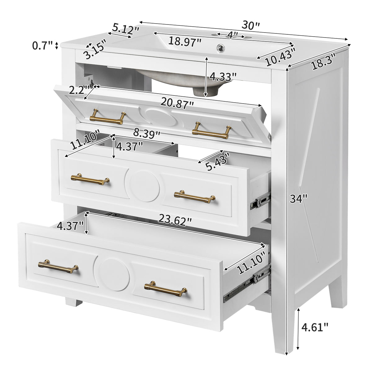 30" Bathroom Vanity with Ceramic Sink Combo, Free Standing Single Vanity Set with 3 Drawers, Solid Wood Frame Storage Cabinet, White