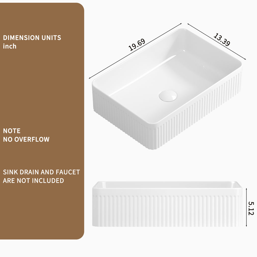 19.69 Inch Rectangular Vessel Sink, White Porcelain Ceramic Above Counter Modern Bathroom Vanity Art Basin