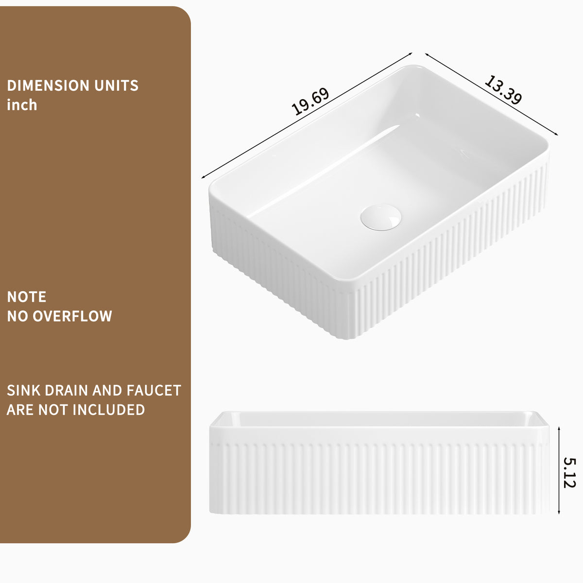19.69 Inch Rectangular Vessel Sink, White Porcelain Ceramic Above Counter Modern Bathroom Vanity Art Basin