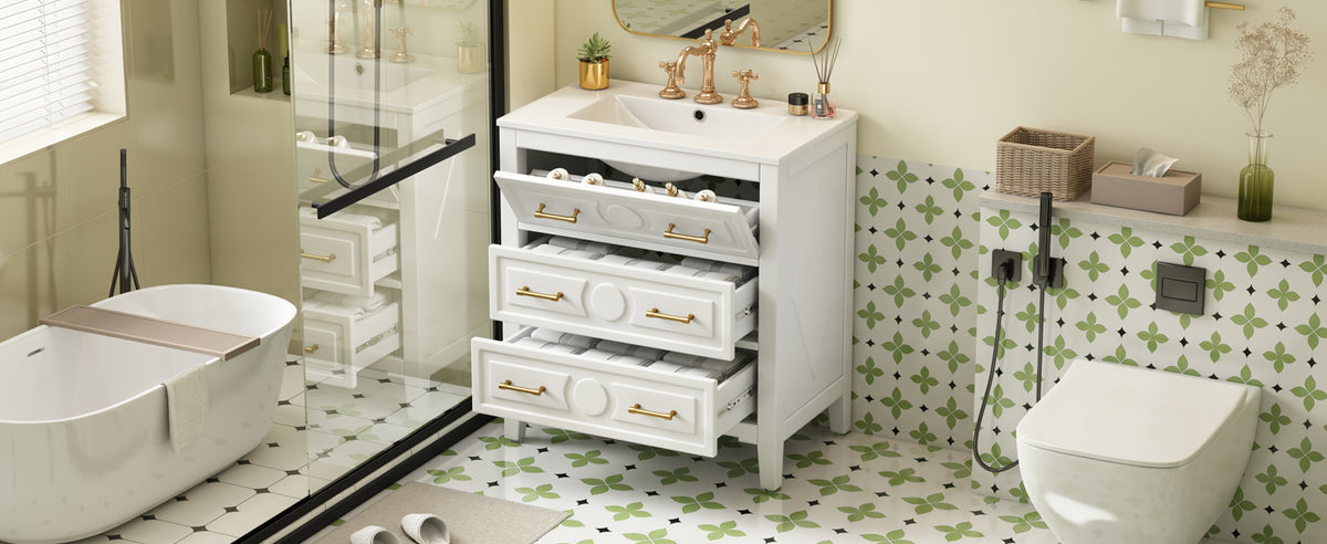 30" Bathroom Vanity with Ceramic Sink Combo, Free Standing Single Vanity Set with 3 Drawers, Solid Wood Frame Storage Cabinet, White