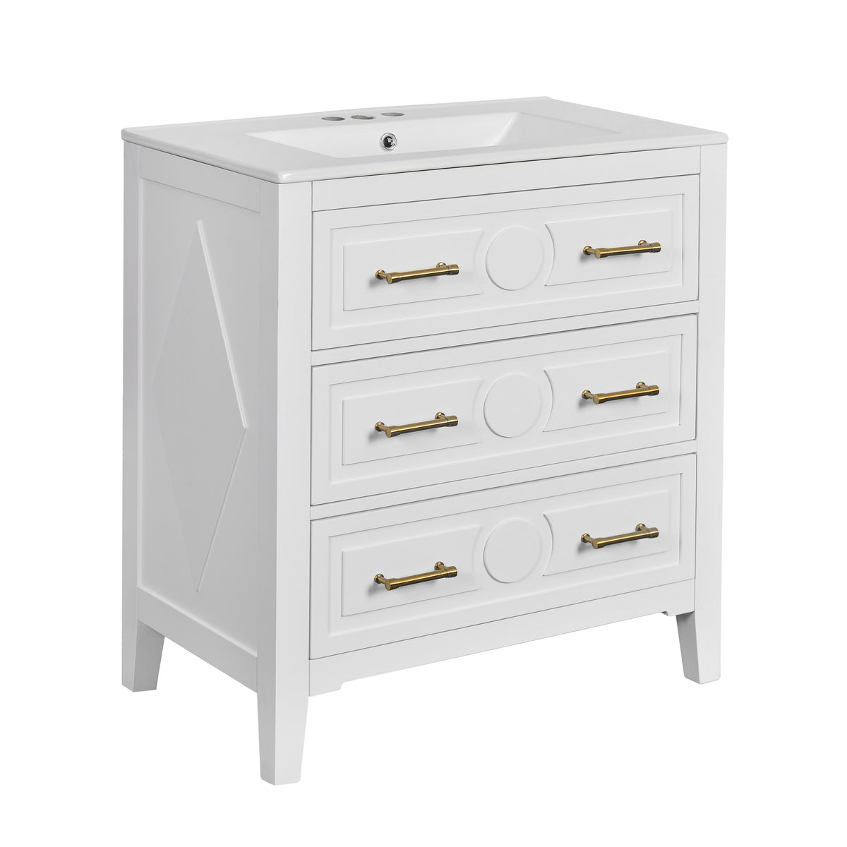 30" Bathroom Vanity with Ceramic Sink Combo, Free Standing Single Vanity Set with 3 Drawers, Solid Wood Frame Storage Cabinet, White