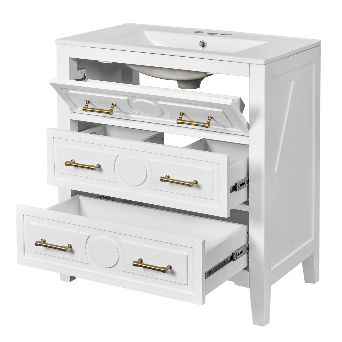 30" Bathroom Vanity with Ceramic Sink Combo, Free Standing Single Vanity Set with 3 Drawers, Solid Wood Frame Storage Cabinet, White