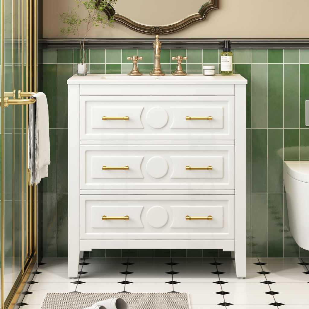 30" Bathroom Vanity with Ceramic Sink Combo, Free Standing Single Vanity Set with 3 Drawers, Solid Wood Frame Storage Cabinet, White