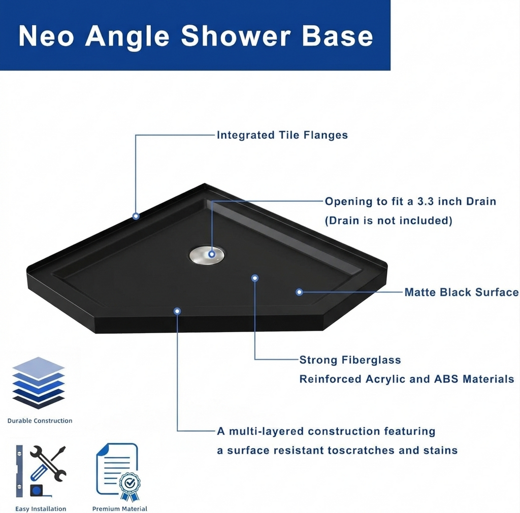 Goodyo 36 in. D x 36 in. W x 3.4 in. H Corner Drain Neo-Angle Shower Base Black, No Drain Kit Black SKU D163147917 product image 3