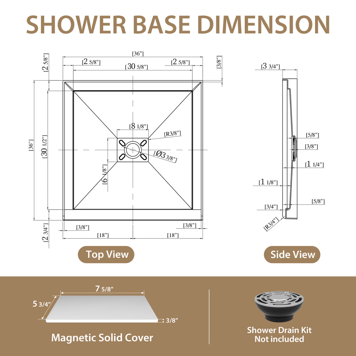 36x36 Inch White Acrylic Shower Base, Center Drain, Non-Slip Surface Light White SKU T5595P445277 product image 2