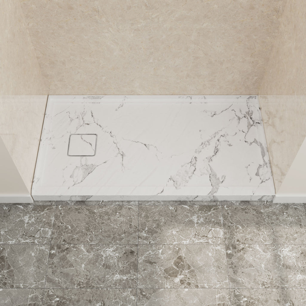 60" x 32" in Shower Base,resin and fiberglass,Left Drain Single-Threshold Shower Pan,Jazz White with Vein White+ Charcoal SKU T6587P578554 product image 1