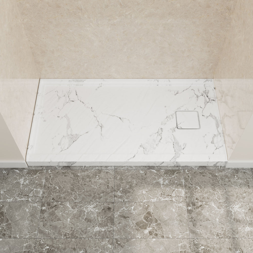 60" x 32" in Shower Base,resin and fiberglass,Right Drain Single-Threshold Shower Pan,Jazz White Vein Grey+White SKU T6587P580349 product image 1
