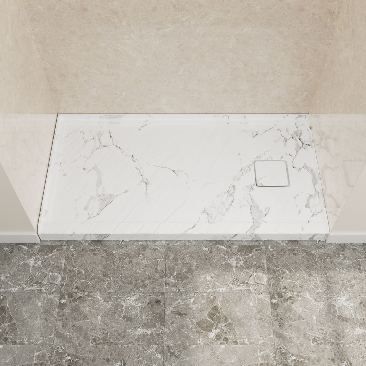 60" x 32" in Shower Base,resin and fiberglass,Right Drain Single-Threshold Shower Pan,Jazz White Vein Grey+White SKU T6587P580349 product image 1