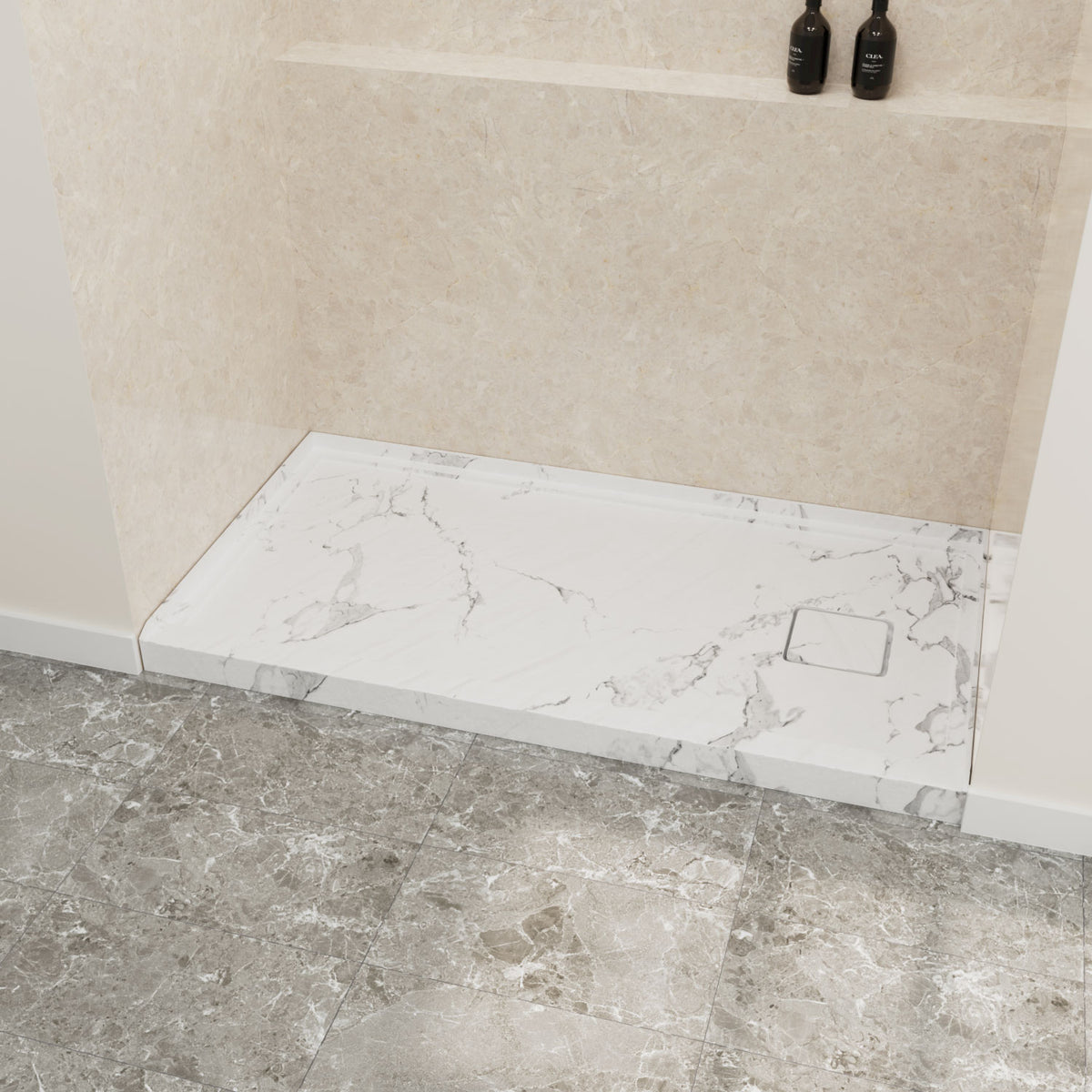 60" x 32" in Shower Base,resin and fiberglass,Right Drain Single-Threshold Shower Pan,Jazz White Vein Grey+White SKU T6587P580349 product image 2