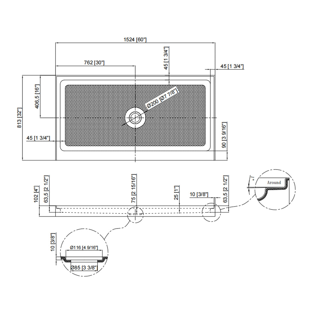 60" x 32" Shower Base,Central Drain Single Threshold Shower Base with Efficient Drainage, Shower Pan with Slip Resistant Textured Surface (Drain Not Included) Gloss White SKU W2269P503064 product image 8