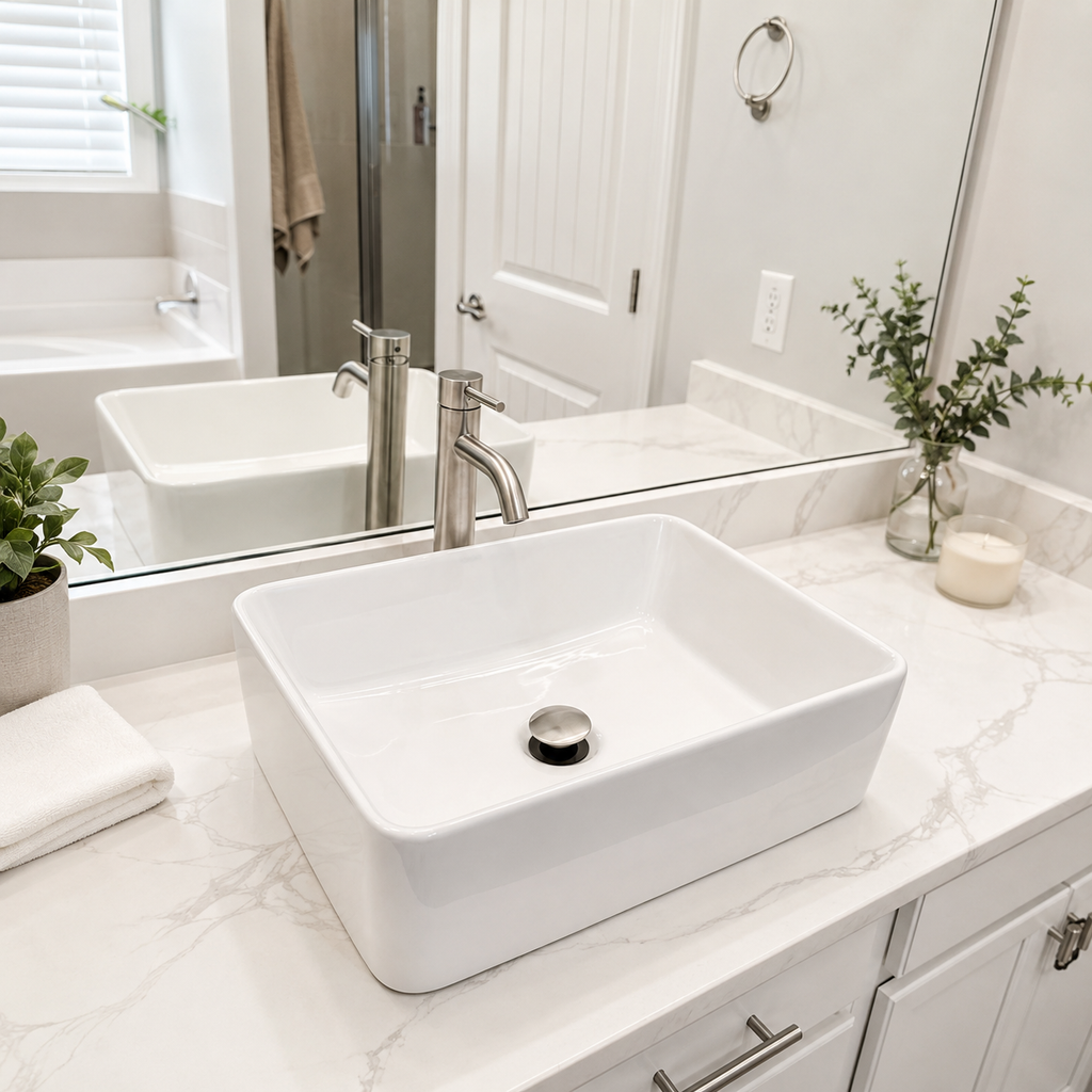 Glossy White Rounded Rectangular Ceramic Vessel Sink, Above-Counter Bathroom Vanity Bowl Basin, Sink Only