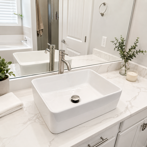 Glossy White Rounded Rectangular Ceramic Vessel Sink, Above-Counter Bathroom Vanity Bowl Basin, Sink Only