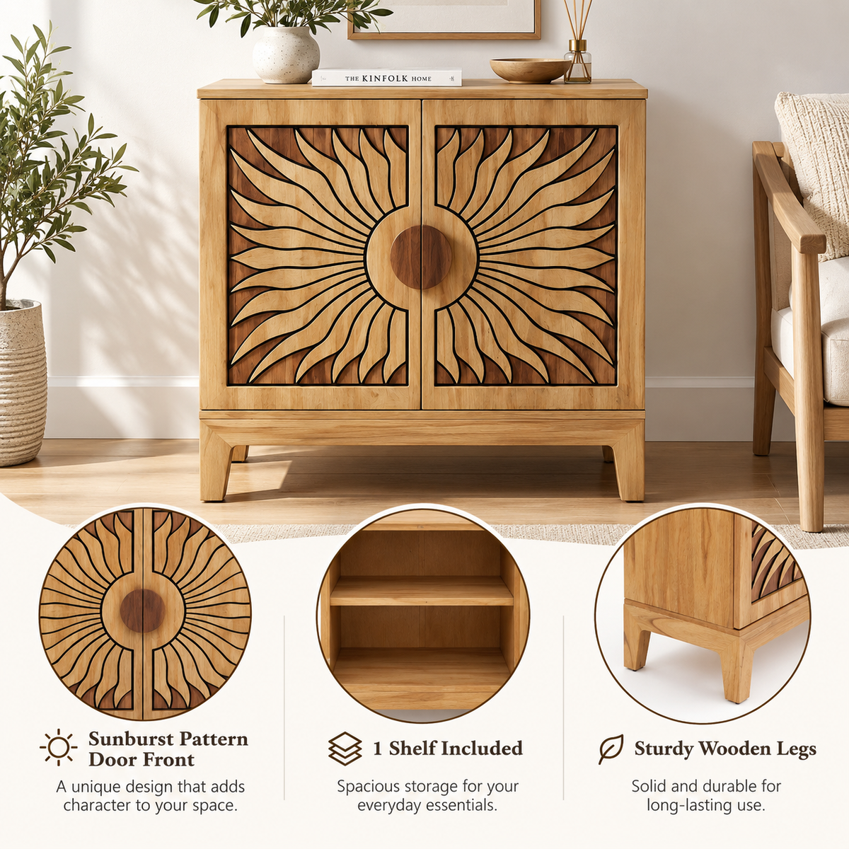 Lola Natural Oak Sunburst Carved 2 Door Storage Cabinet, Wooden Accent Sideboard Cabinet